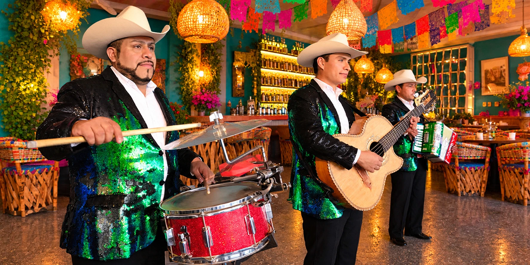 Músicos norteños tocando acordeón y bajo sexto