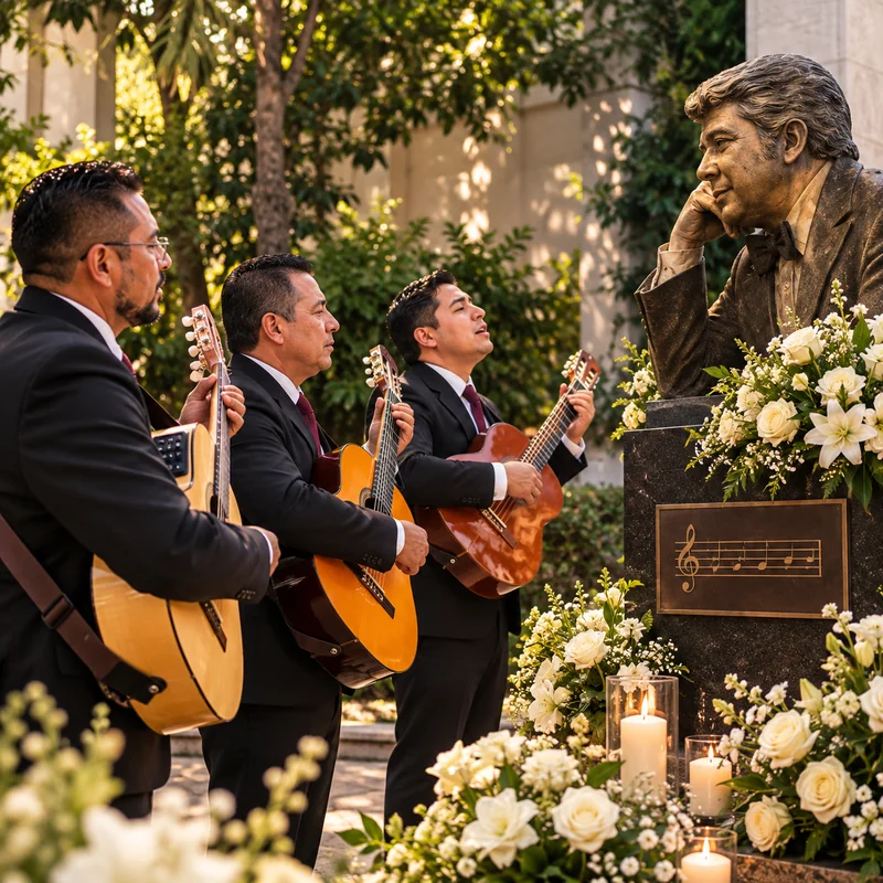 Trío musical en una escena de homenaje artístico a Roberto Cantoral