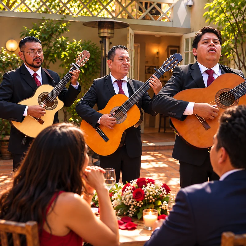 Trío de guitarras ofreciendo una serenata romántica en un patio